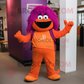 Magenta Orange mascot costume character dressed with a Romper and Suspenders