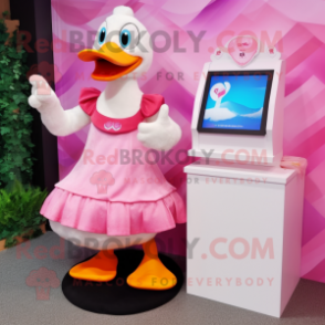 Pink Muscovy Duck mascot costume character dressed with a Midi Dress and Wallets