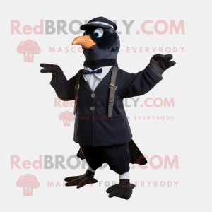 Navy Blackbird mascot costume character dressed with a Cardigan and Suspenders