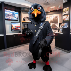 Navy Blackbird mascot costume character dressed with a Cardigan and Suspenders