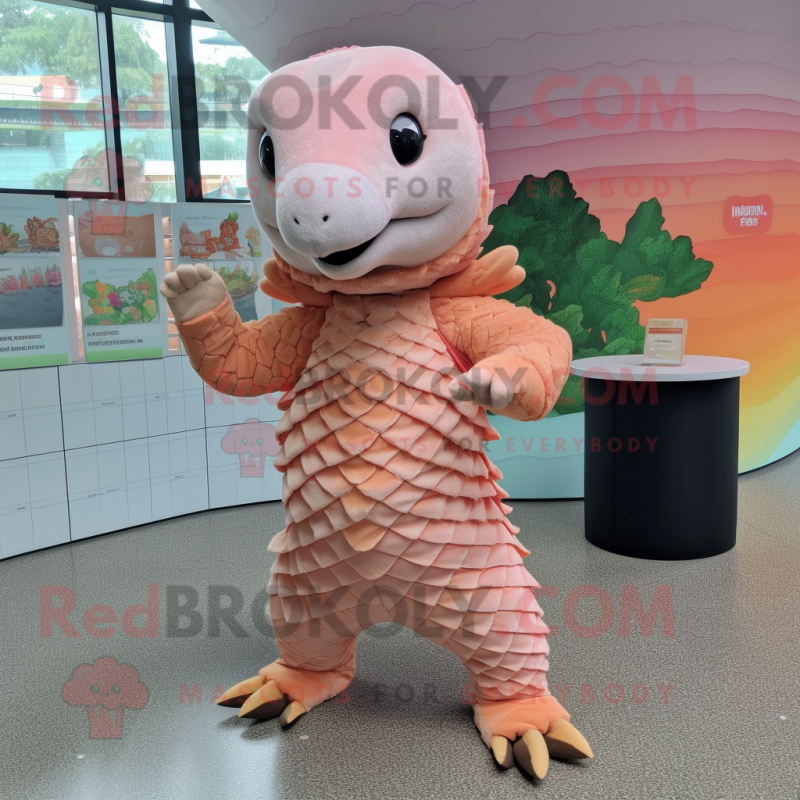 Peach Pangolin Mascot Costume Character Dressed With A Jumpsuit And Earrings Mascot Costumes 5980