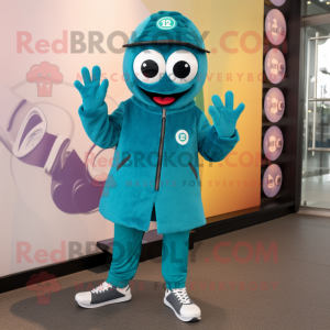 Teal Meatballs mascot costume character dressed with a Jacket and Shoe laces
