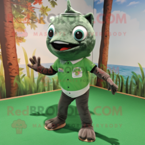 Forest Green Tuna mascot costume character dressed with a Henley Tee and Anklets