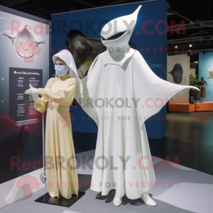 White Manta Ray mascot costume character dressed with a Empire Waist Dress and Berets