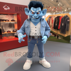 Sky Blue Vampire mascot costume character dressed with a Denim Shorts and Cufflinks