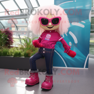 Magenta Irish Dancing Shoes mascot costume character dressed with a Bootcut Jeans and Sunglasses