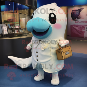 Cream Humpback Whale mascot costume character dressed with a Sheath Dress and Coin purses