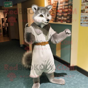 Gray Marten mascot costume character dressed with a Empire Waist Dress and Foot pads