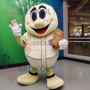 Beige Zucchini mascot costume character dressed with a Baseball Tee and Coin purses