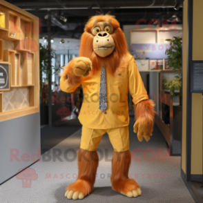 Gold Orangutan mascot costume character dressed with a Oxford Shirt and Shoe clips
