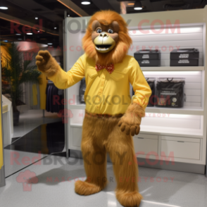 Gold Orangutan mascot costume character dressed with a Oxford Shirt and Shoe clips