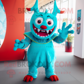 Turquoise Devil mascot costume character dressed with a A-Line Dress and Mittens