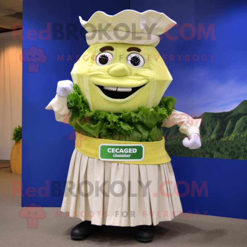 Cream Caesar Salad mascot costume character dressed with a Skirt and Brooches