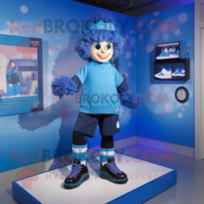 Blue Irish Dancing Shoes mascot costume character dressed with a Coat and Beanies