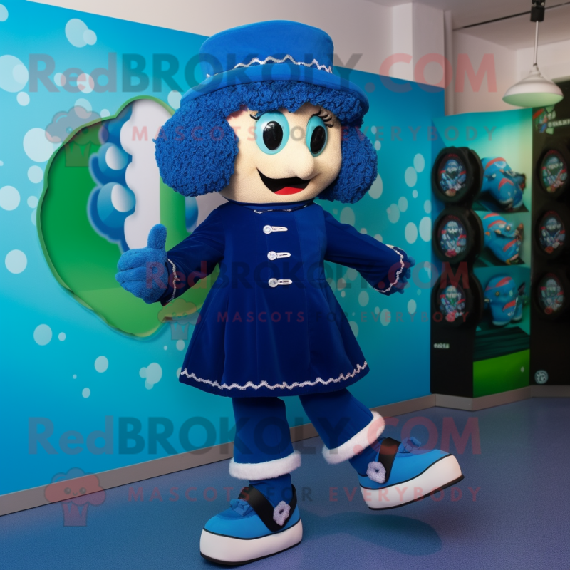 Blue Irish Dancing Shoes mascot costume character dressed with a Coat and Beanies
