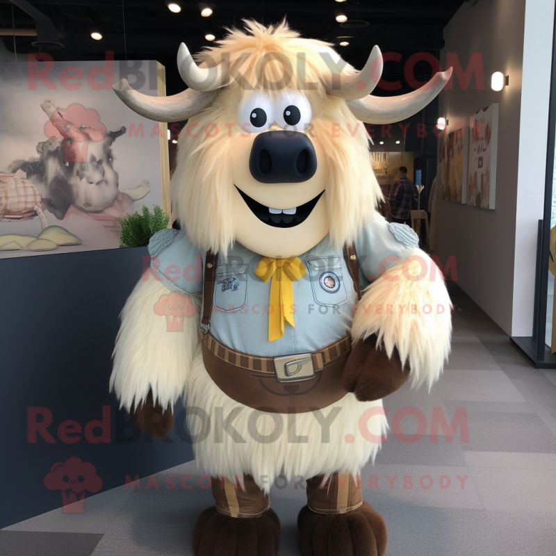 Cream Yak mascot costume character dressed with a Button-Up Shirt and Suspenders