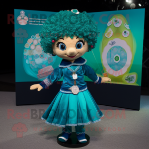 Teal Irish Dancer mascot costume character dressed with a Coat and Keychains