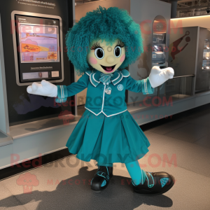 Teal Irish Dancer mascot costume character dressed with a Coat and Keychains