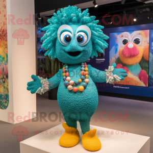 Teal Paella mascot costume character dressed with a Swimwear and Necklaces