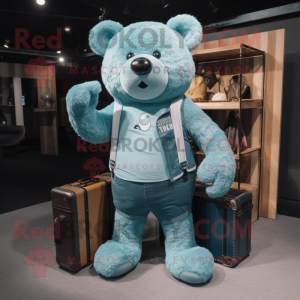 Teal Teddy Bear mascot costume character dressed with a Denim Shorts and Briefcases