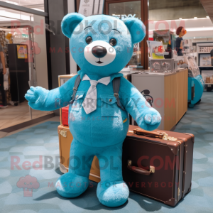 Teal Teddy Bear mascot costume character dressed with a Denim Shorts and Briefcases