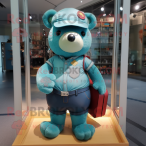 Teal Teddy Bear mascot costume character dressed with a Denim Shorts and Briefcases