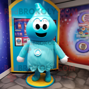 Turquoise Candy Box mascot costume character dressed with a Cover-up and Rings