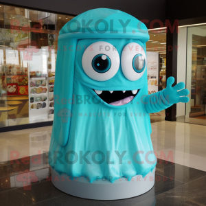 Turquoise Candy Box mascot costume character dressed with a Cover-up and Rings