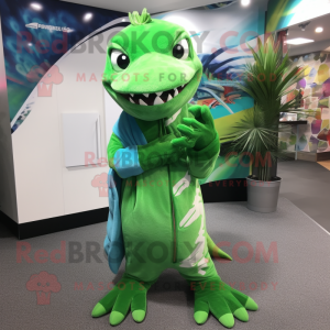 Green Barracuda mascot costume character dressed with a Cover-up and Handbags