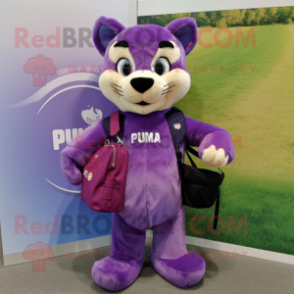 Purple Puma mascot costume character dressed with a Waistcoat and Tote bags Mascot Costumes Redbrokoly