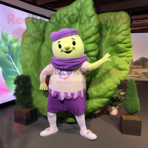 Lavender Cabbage Leaf mascot costume character dressed with a Yoga Pants and Earrings