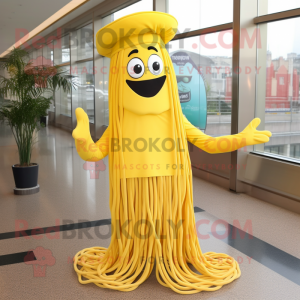 Yellow Spaghetti mascot costume character dressed with a Evening Gown and Berets