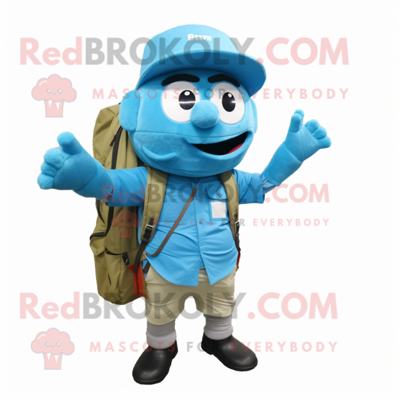 Sky Blue Pho mascot costume character dressed with a Cargo Pants and Backpacks