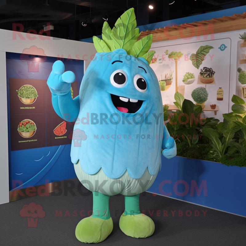 Sky Blue Celery mascot costume character dressed with a Graphic Tee and Wraps