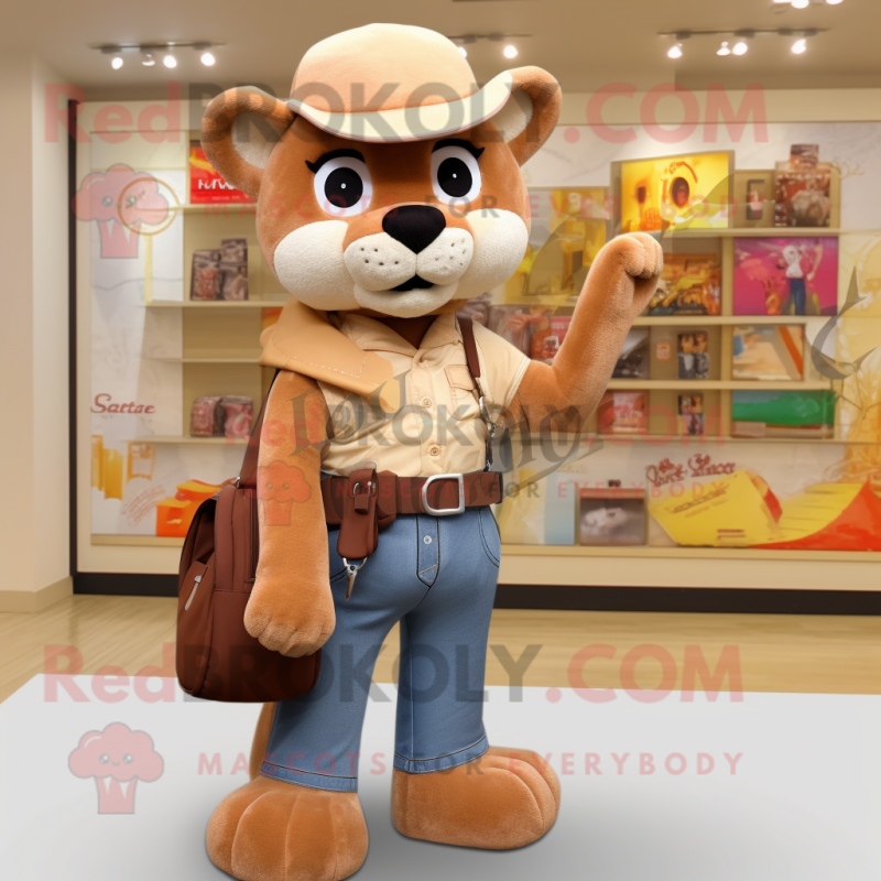 Peach Mountain Lion mascot costume character dressed with a Bootcut Jeans and Wallets