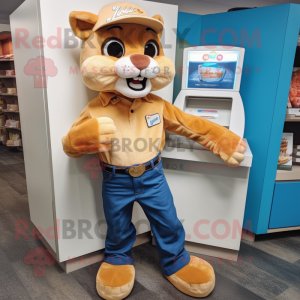 Peach Mountain Lion mascot costume character dressed with a Bootcut Jeans and Wallets