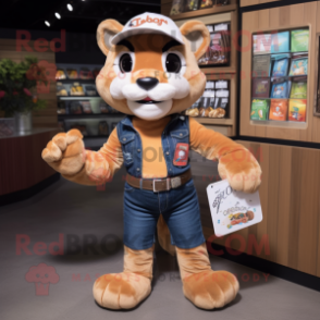 Peach Mountain Lion mascot costume character dressed with a Bootcut Jeans and Wallets