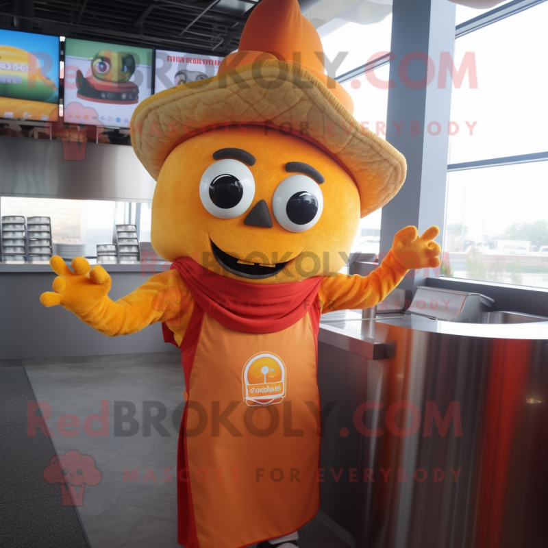 Orange Tacos mascot costume character dressed with a Overalls and Gloves