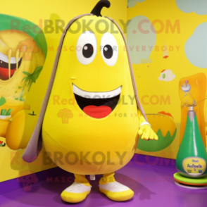 Lemon Yellow Eggplant mascot costume character dressed with a Swimwear and Foot pads