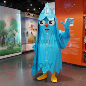 Cyan Shakshuka mascot costume character dressed with a Raincoat and Headbands