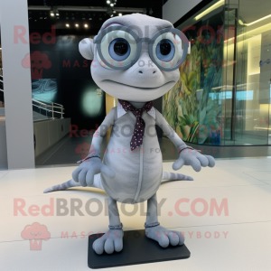 Gray Geckos mascot costume character dressed with a Midi Dress and Eyeglasses