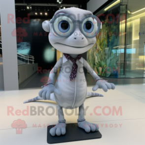 Gray Geckos mascot costume character dressed with a Midi Dress and Eyeglasses