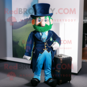Blue Leprechaun mascot costume character dressed with a Waistcoat and Briefcases