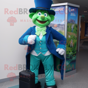 Blue Leprechaun mascot costume character dressed with a Waistcoat and Briefcases
