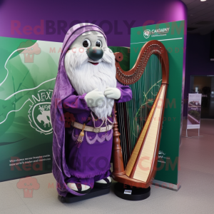 Purple Celtic Harp mascot costume character dressed with a Waistcoat and Clutch bags