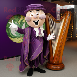 Purple Celtic Harp mascot costume character dressed with a Waistcoat and Clutch bags