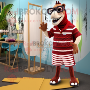 Maroon Quagga mascot costume character dressed with a Board Shorts and Eyeglasses