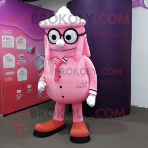 Pink Candy Box mascot costume character dressed with a Dress Pants and Eyeglasses