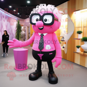 Pink Candy Box mascot costume character dressed with a Dress Pants and Eyeglasses