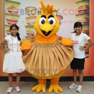 Tan Butter Chicken mascot costume character dressed with a Pleated Skirt and Belts